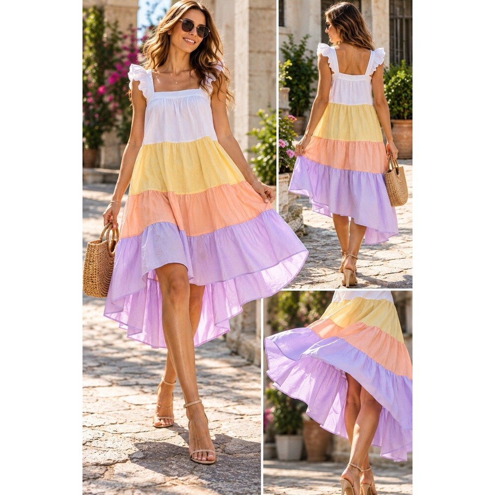 AURA Dress XS 100% Cotton Pastel Colorblock Tiered High Low Ruffle Cottagecore